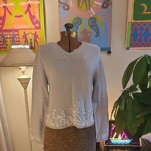 Vintage 1990s Cousin Johnny Knit Lambswool Sweater Embroidered Glass Beads Sz M